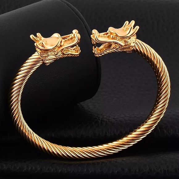 Dragon Head Viking Gold Plated Unisex Cuff Bangle Bracelet - Picture 1 of 6